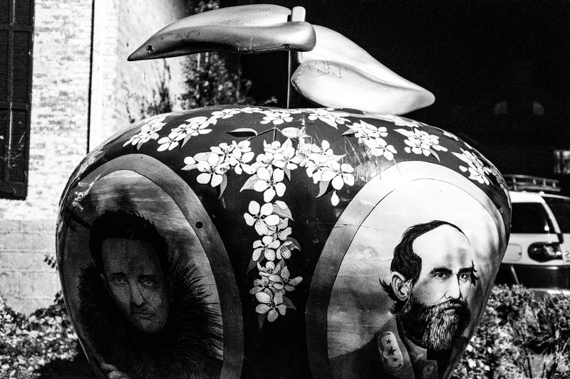 Giant Apple Sculpture at Night